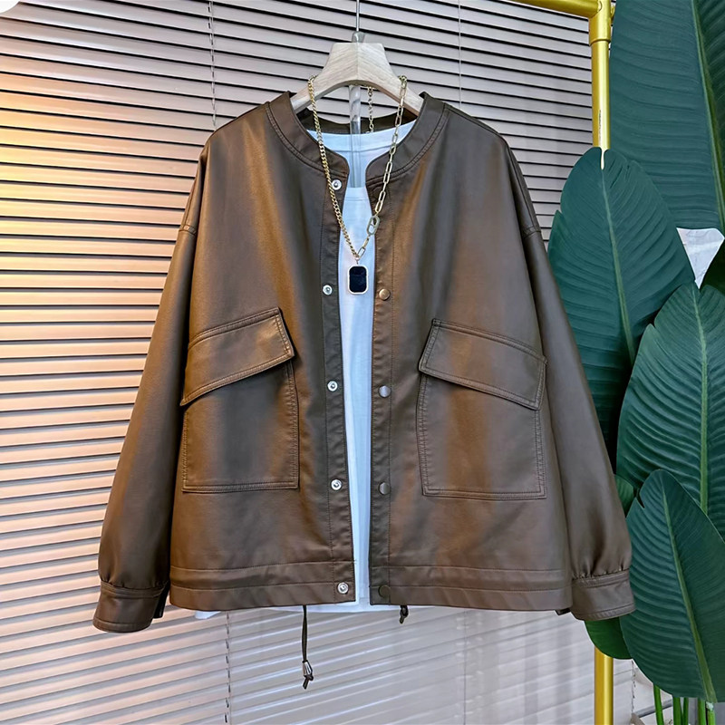 胖MM立领按扣口袋摆抽绳外套加大码女装复古时尚简约百搭遮肉皮衣,淘宝优惠券,粉丝福利购,淘宝优惠卷