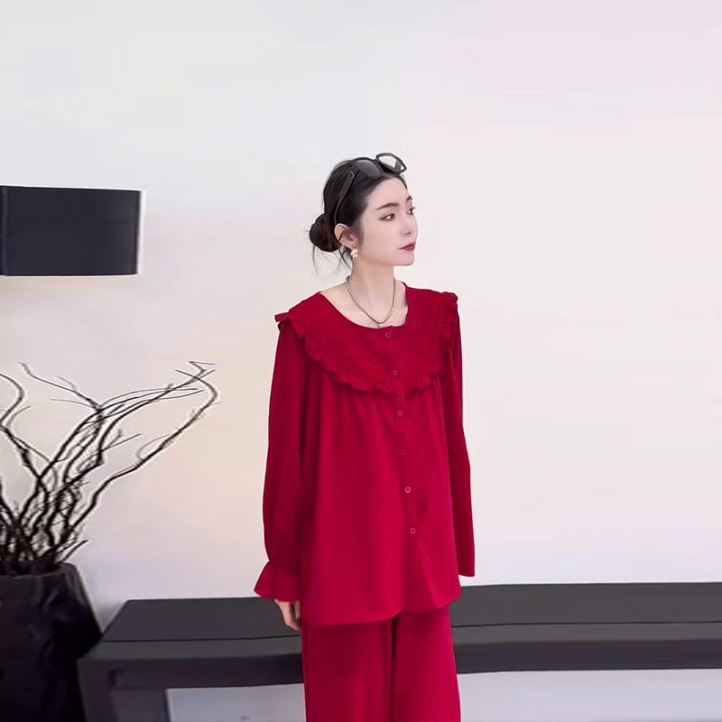 大码女装圆领荷叶肩长袖上衣阔腿长裤家居胖妹妹新年款红色两件套,淘宝优惠券,粉丝福利购,淘宝优惠卷