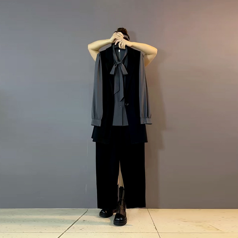 大码女装西服马甲立领系带长袖打底衫黑色裤子胖妹妹通勤风三件套,淘宝优惠券,粉丝福利购,淘宝优惠卷