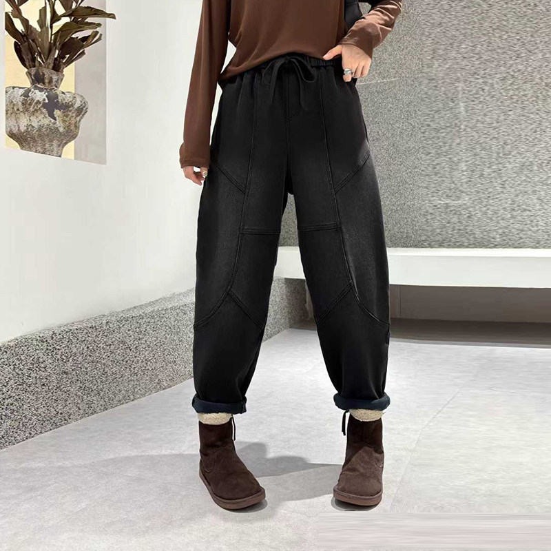 加肥紧腰压线哈伦牛仔加绒裤子2025秋冬款欧货洋气大码女装休闲裤,淘宝优惠券,粉丝福利购,淘宝优惠卷