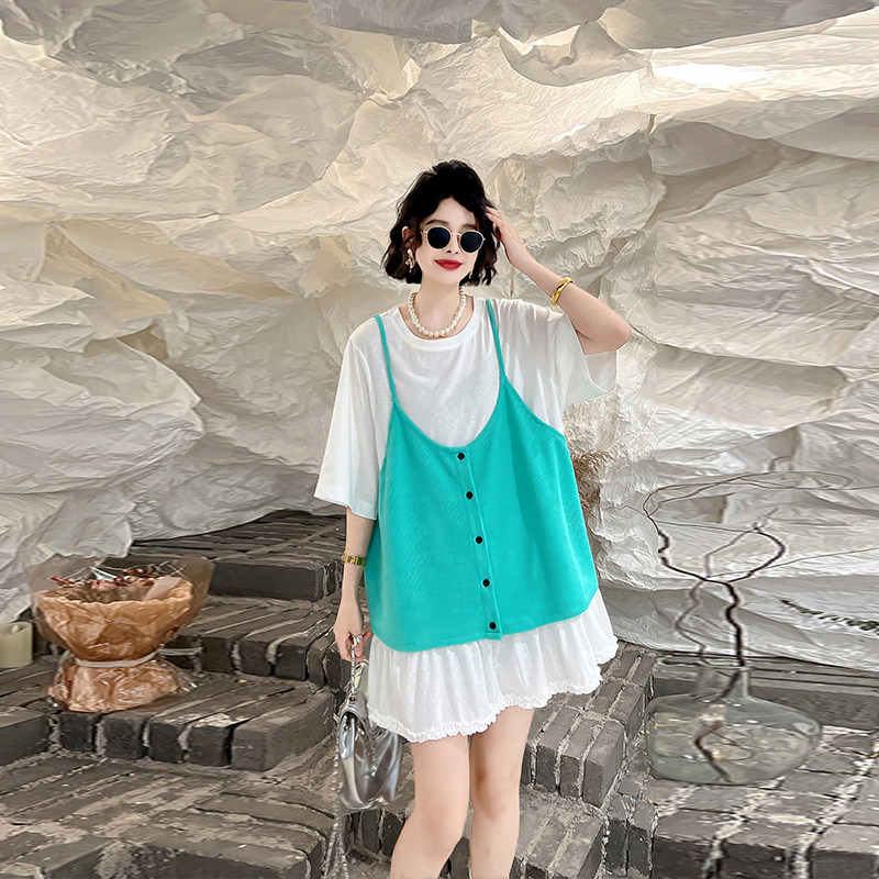 大码女装拼色吊带背心假两件上衣胖MM宽松韩版夏季款减龄休闲T恤