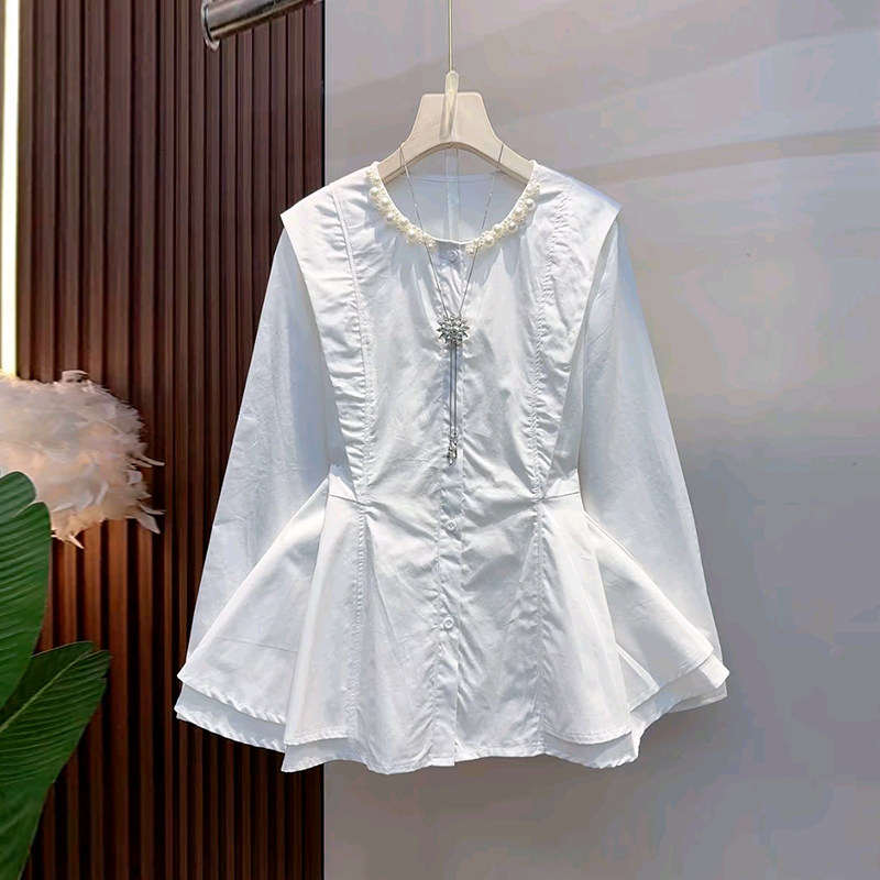 韩版大码女装直角肩长袖收腰衬衫胖妹妹小众设计纯色简约百搭上衣,淘宝优惠券,粉丝福利购,淘宝优惠卷