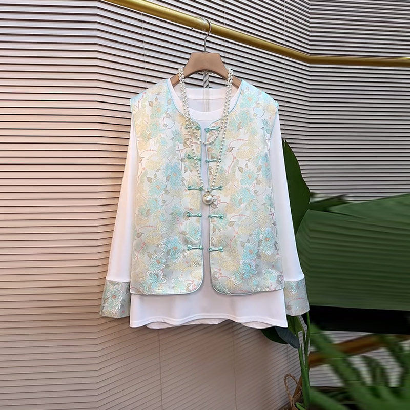 大码女装盘扣花朵国风马甲拼色袖口打底衫胖妹妹新中式洋气两件套,淘宝优惠券,粉丝福利购,淘宝优惠卷