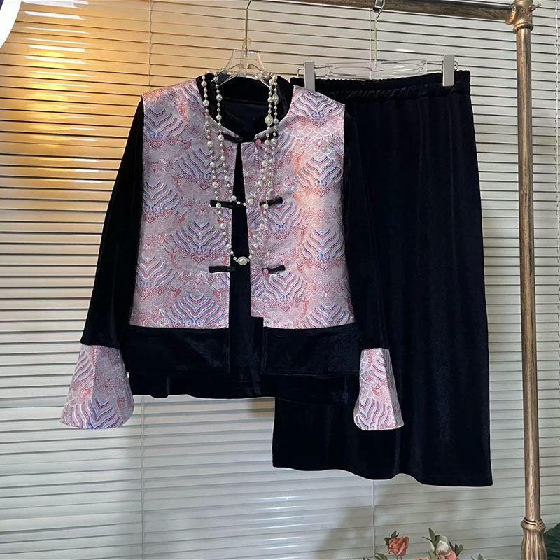 加肥盘扣国风马甲微喇袖口打底衫半身裙胖MM法式复古风显瘦三件套,淘宝优惠券,粉丝福利购,淘宝优惠卷