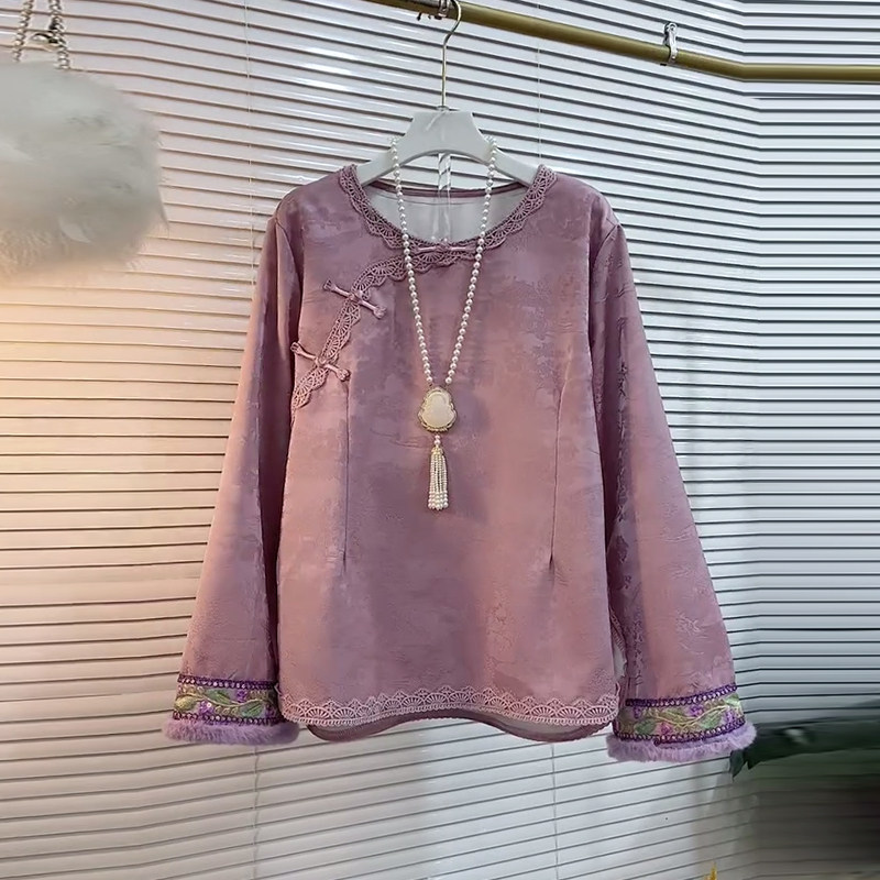 加肥毛毛袖口盘扣暗花新中式上衣法式设计感冬季款百搭胖妹妹外套,淘宝优惠券,粉丝福利购,淘宝优惠卷