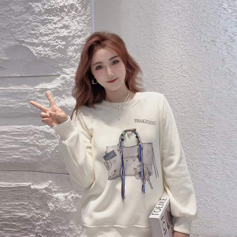 韩版胖妹妹圆领流苏图案长袖上衣学院风甜美大码女装减龄百搭卫衣,淘宝优惠券,粉丝福利购,淘宝优惠卷