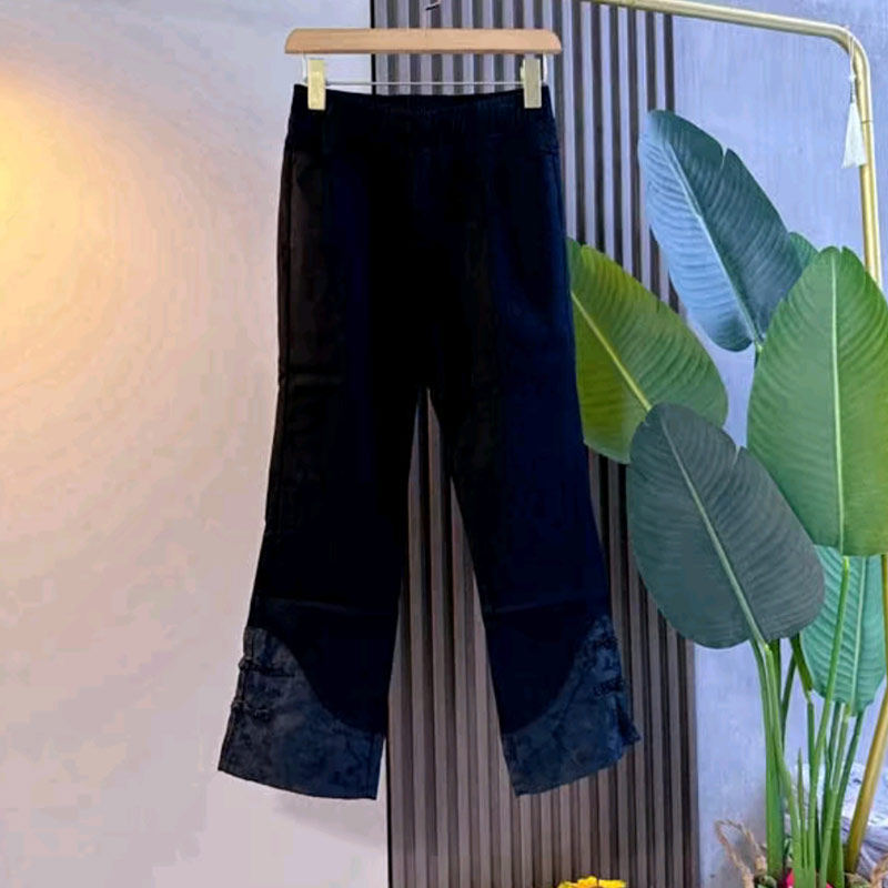 大码女装刺绣图案国风马甲胖妹妹黑色显瘦秋季款暗花盘扣裤脚裤子,淘宝优惠券,粉丝福利购,淘宝优惠卷