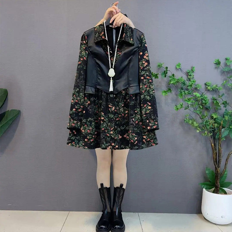 胖MM加肥翻领拼皮马甲假两件碎花上衣大码女装欧洲站2025新款外套,淘宝优惠券,粉丝福利购,淘宝优惠卷