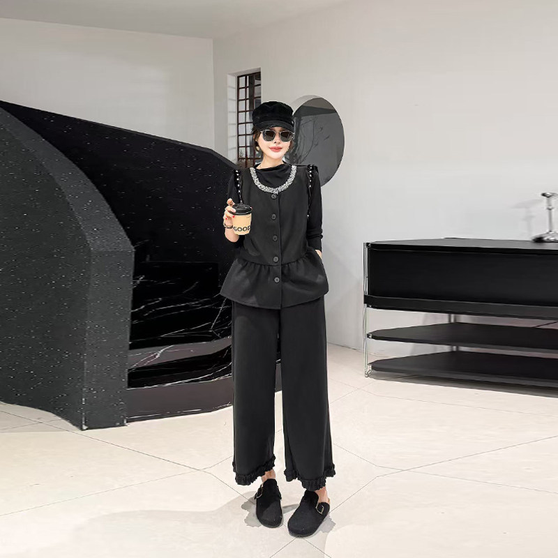加大码女装钉珠亮钻领马甲高领打底衫阔腿裤子黑色显瘦时尚三件套,淘宝优惠券,粉丝福利购,淘宝优惠卷