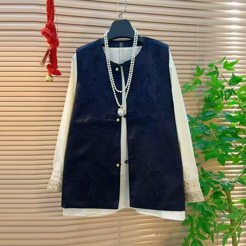 加肥大码女装圆领花纹国风马甲胖妹妹气质复古风时尚拼色袖口小衫,淘宝优惠券,粉丝福利购,淘宝优惠卷