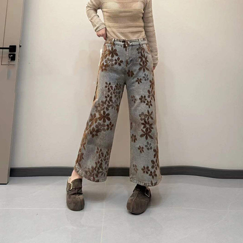 加大码女装花朵阔腿九分裤欧洲站胖妹妹宽松遮胯设计感洋气牛仔裤,淘宝优惠券,粉丝福利购,淘宝优惠卷