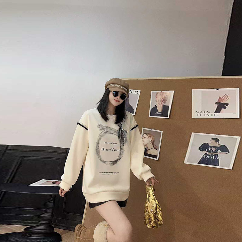 胖MM加肥小字母圆领长袖卫衣宽松遮肚子大码女装韩版休闲减龄上衣 - 图0