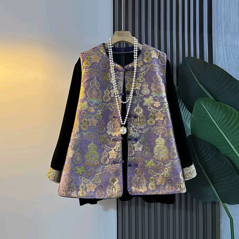 胖MM洋气葫芦花纹盘扣国风马甲加肥大码女装气质显瘦拼色袖口小衫,淘宝优惠券,粉丝福利购,淘宝优惠卷