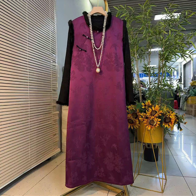 大码女装毛边袖口打底衫立领盘扣暗花国风马甲裙胖MM新中式两件套,淘宝优惠券,粉丝福利购,淘宝优惠卷