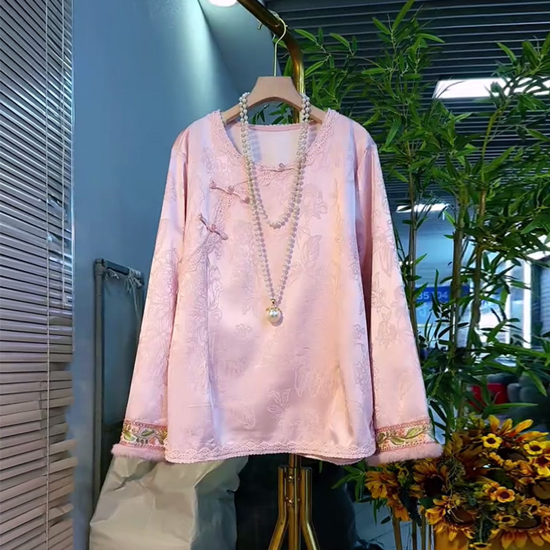 加肥毛毛袖口盘扣暗花新中式上衣法式设计感冬季款百搭胖妹妹外套,淘宝优惠券,粉丝福利购,淘宝优惠卷