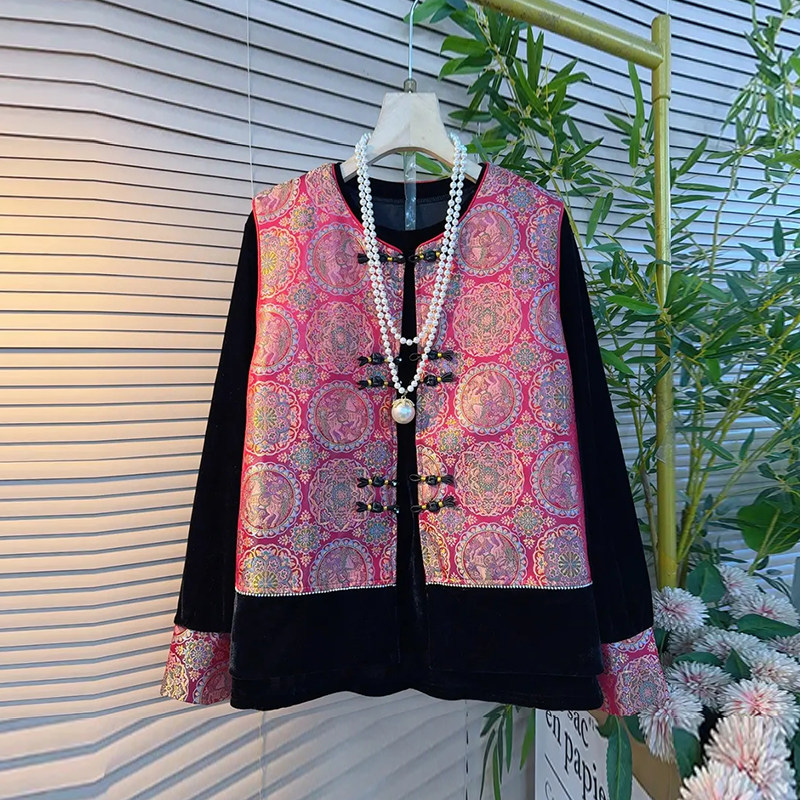 加肥女圆领盘扣花纹马甲拼色袖口小衫胖妹妹复古风显瘦冬季两件套,淘宝优惠券,粉丝福利购,淘宝优惠卷