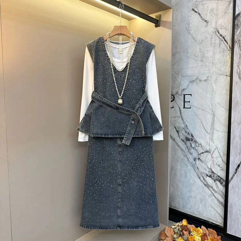 加肥大码女装圆领长袖打底衫胖妹妹V领腰带马甲半身裙牛仔两件套,淘宝优惠券,粉丝福利购,淘宝优惠卷