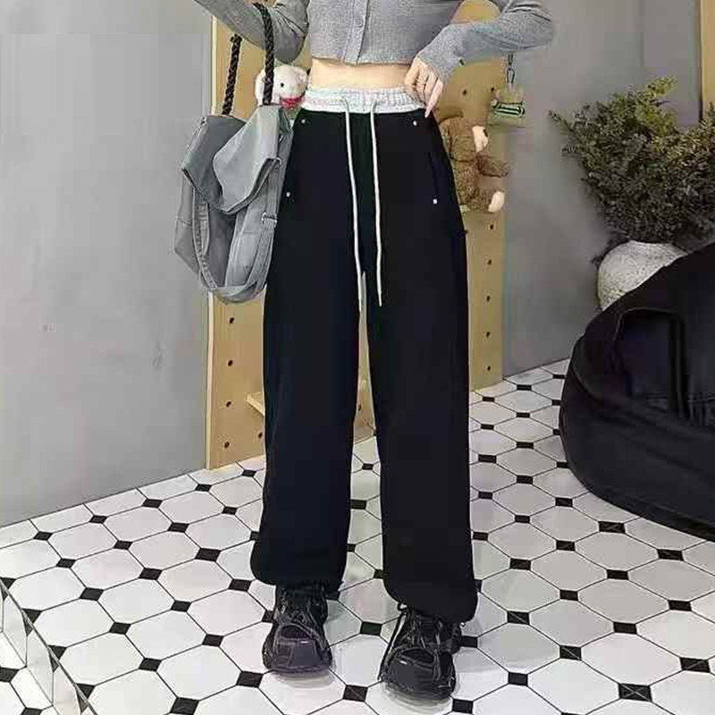 胖妹妹加肥拼色高腰阔腿长裤宽松遮胯大码女装纯色简约休闲裤子潮,淘宝优惠券,粉丝福利购,淘宝优惠卷