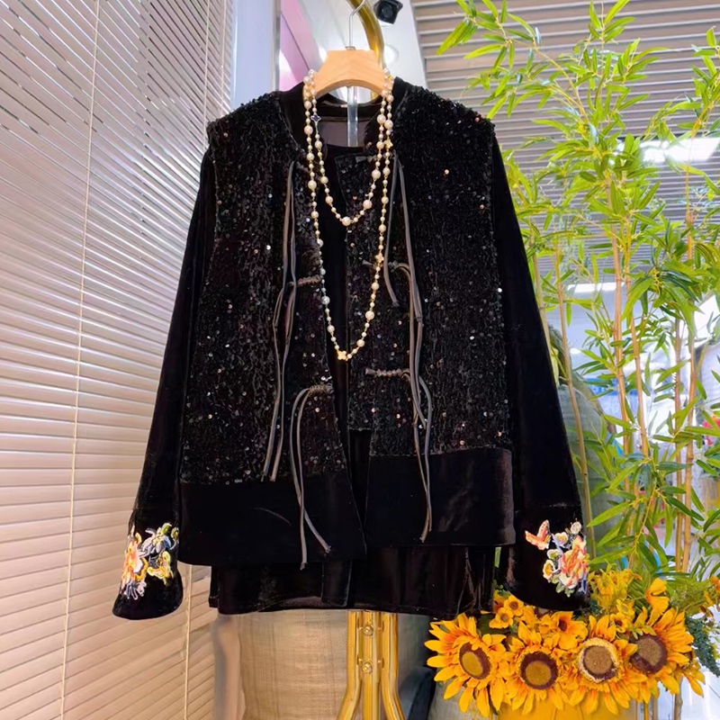 大码女装立领盘扣复古风亮片马甲胖妹妹时尚百搭洋气圆领丝绒小衫,淘宝优惠券,粉丝福利购,淘宝优惠卷