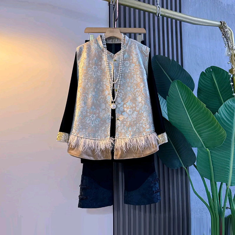 大码女装流苏毛毛底摆国风马甲拼色袖口圆领小衫胖MM暗花裤脚裤子,淘宝优惠券,粉丝福利购,淘宝优惠卷