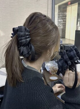 韩系小众设计灰色格子布艺飘带蝴蝶结香蕉夹显发量懒人高马尾抓夹