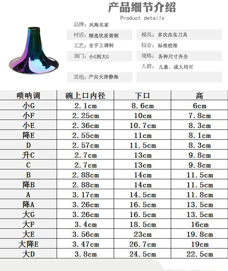 唢呐碗 专业黄铜喇叭炫彩工艺D降B调G碗子大中小号全铜大音量碗口 - 图2