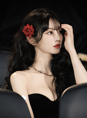 田曦薇同款红色玫瑰花发夹发饰女