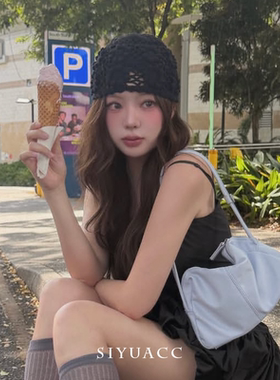 韩系黑色镂空针织帽女休闲包头帽