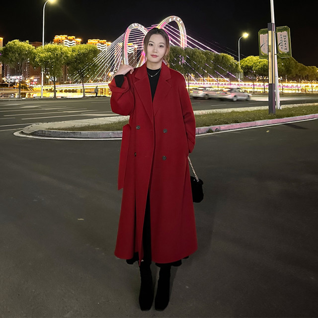清红色双面羊绒大衣结婚2025新款本命年冬呢子长款毛呢外套高级感
