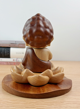 实木Q版禅意佛祖桌面摆件卡通可爱莲花座简约质朴家居摆件礼物