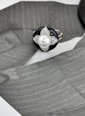 小香风复古黑珐琅珍珠耳环戒指