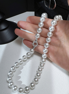 【爆款冷光澳白】圆形方钻华丽版 人造冷光白珍珠项链 法式打结