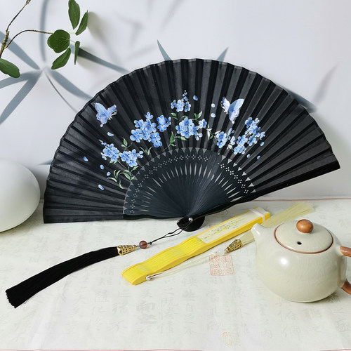 黑色手工折扇古风折叠扇子烤漆新中式女扇汉服旗袍舞蹈扇夏季纳凉 - 图0
