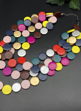 圆片木珠多层复古风长款花色项链