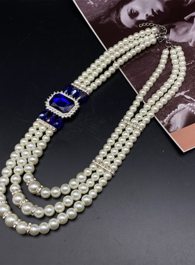 欧美复古轻奢多层不对称项链耳环套装 仿珍珠方钻配饰女necklaces