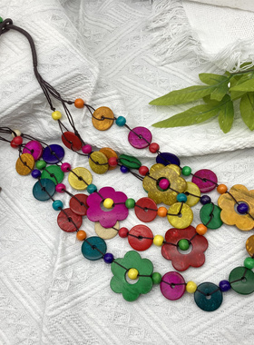 波西米亚风花朵椰壳木珠手工项链