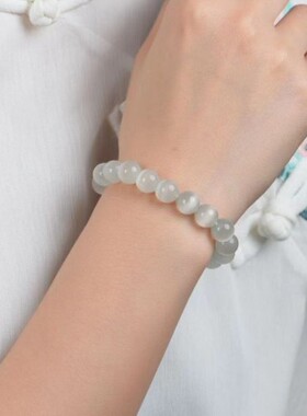 厂供珠宝白色猫眼石手链10mm女款单圈少女简约水晶首饰手串能量石