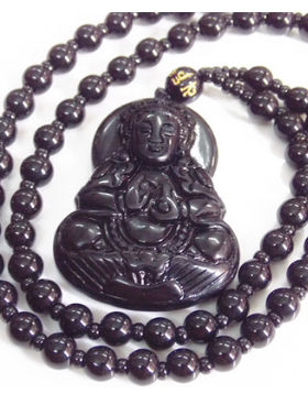 黑曜石观音六字真言长款吊坠项链