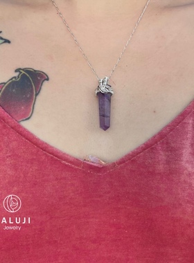 杂露集自制手工银绕线紫水晶柱吊坠