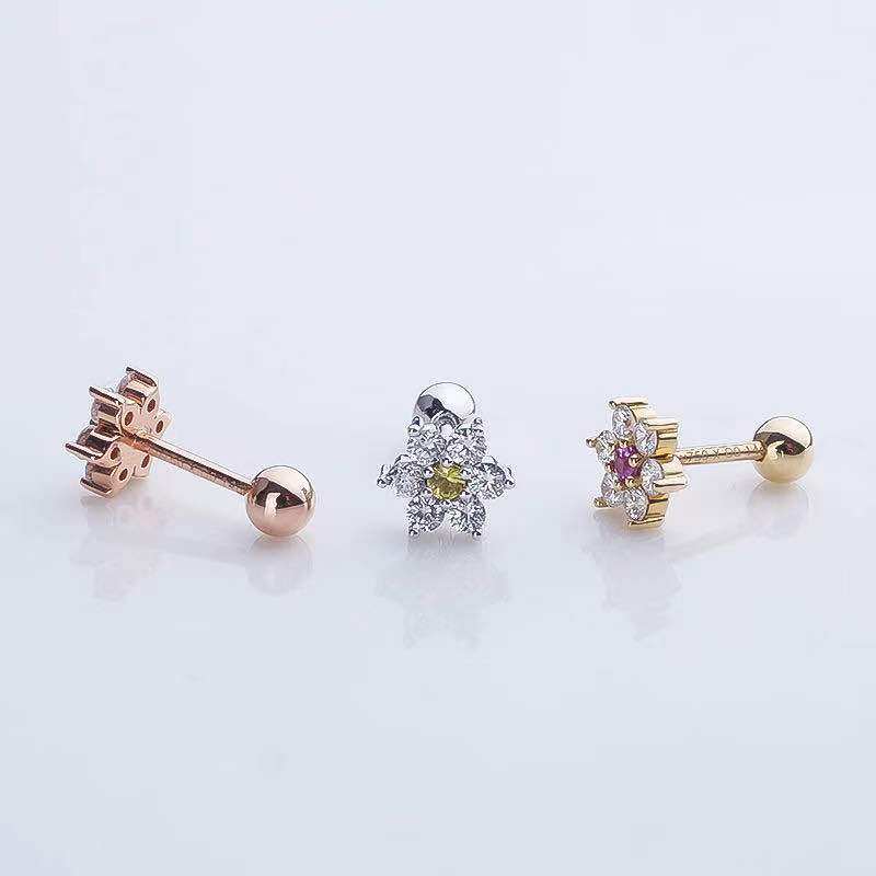 18K金钻石耳钉精致甜美小花朵玫瑰金真钻螺丝拧耳骨钉AU750耳饰,淘宝优惠券,粉丝福利购,淘宝优惠卷