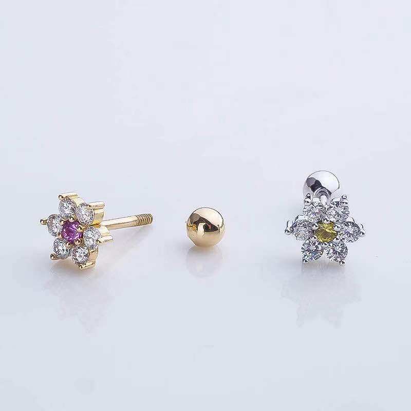 18K金钻石耳钉精致甜美小花朵玫瑰金真钻螺丝拧耳骨钉AU750耳饰,淘宝优惠券,粉丝福利购,淘宝优惠卷