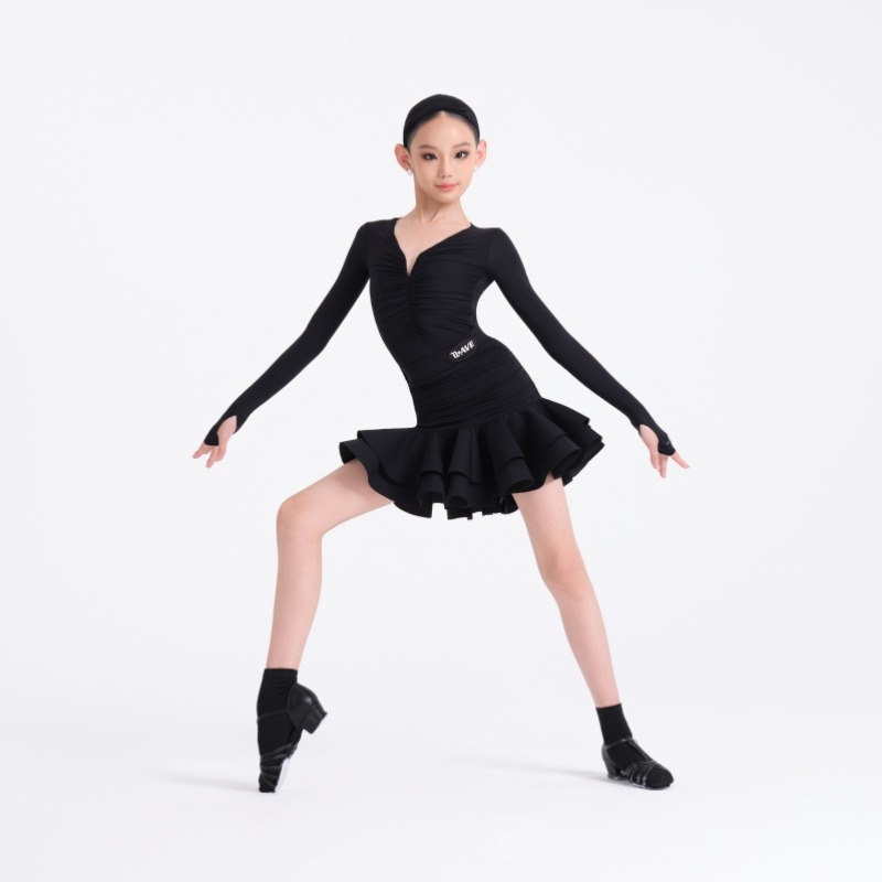 WAVE未午拉丁舞服2025秋季新款女童练功服V领上衣包臀鱼骨裙套装 - 图2