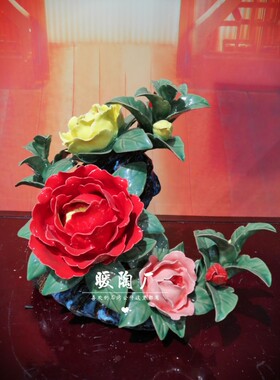 石湾公仔大师牡丹花开富贵摆件