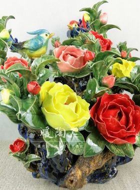 石湾公仔大师牡丹花开富贵摆件