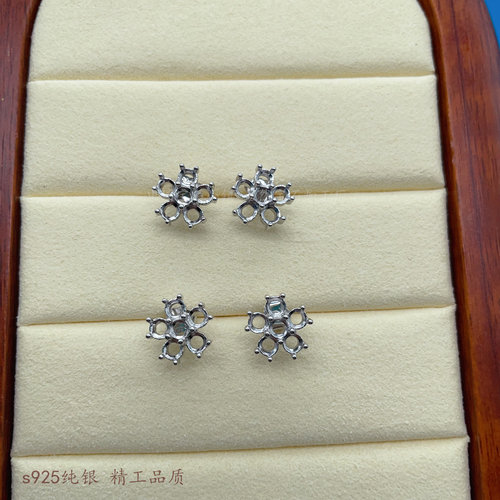 s925纯银 圆形2*2 2.5*2.5 3*3mm耳钉空托 群镶钳蛋面 晶石梅花款 - 图3