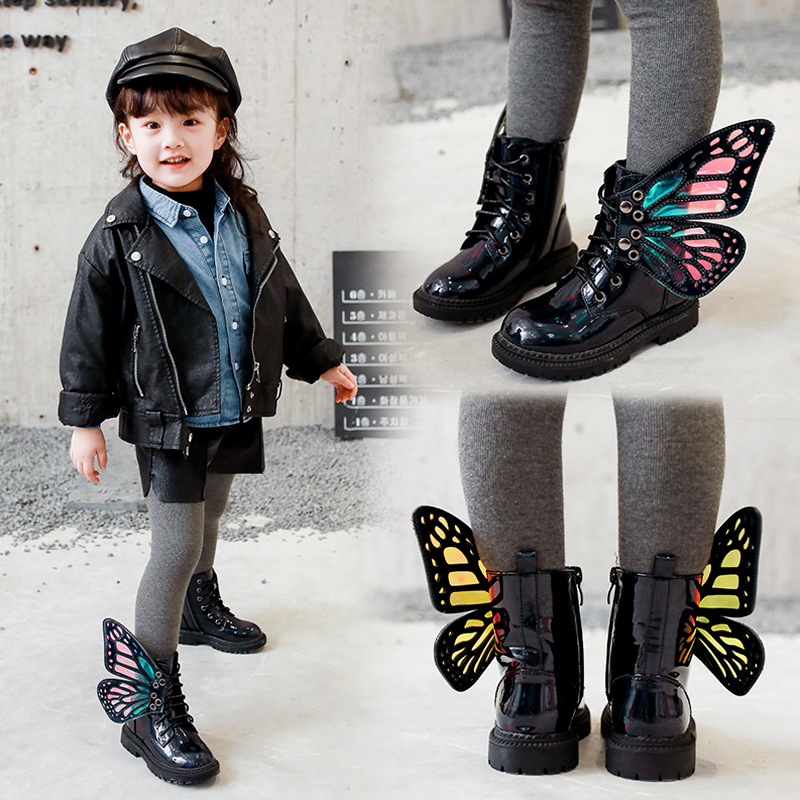 促女童靴子2021秋冬新款公主翅膀小女孩加绒短靴潮儿童洋气马丁品-图1