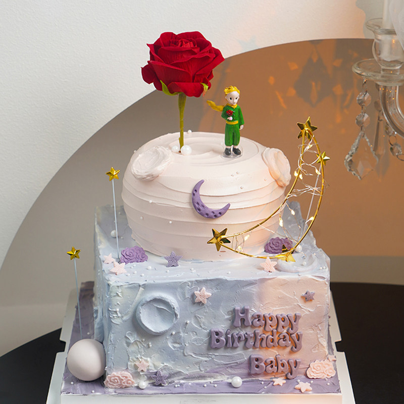 七夕情人节唯美告白生日蛋糕装饰玫瑰小王子摆件仿真玫瑰花插件