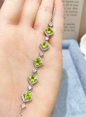 巴西天然原矿橄榄石手链S925纯银镶嵌宝石时尚轻奢首饰送女友礼物