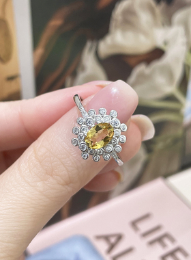 天然无烧黄水晶戒指女S925纯银