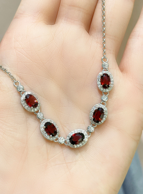 天然原矿红色石榴石925银手链女